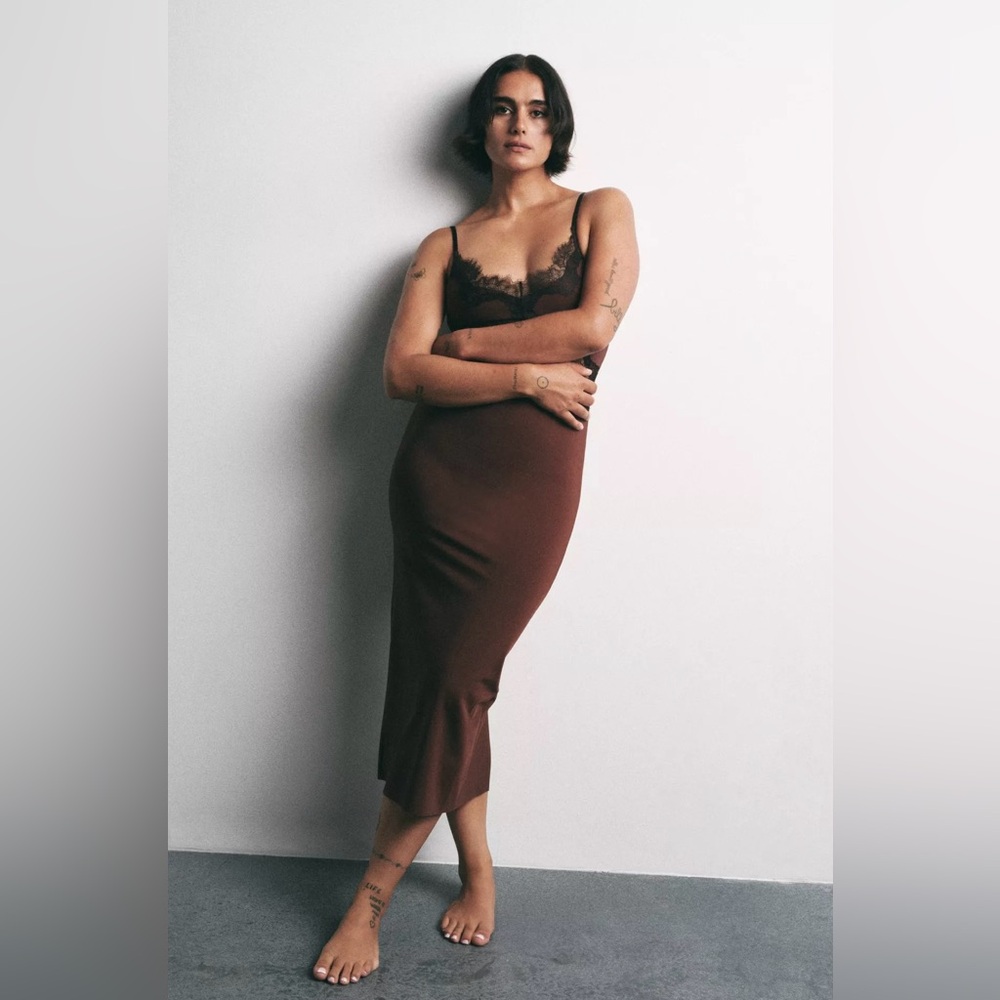 Zara Brown Lace-Trim Midi Slip Dress
